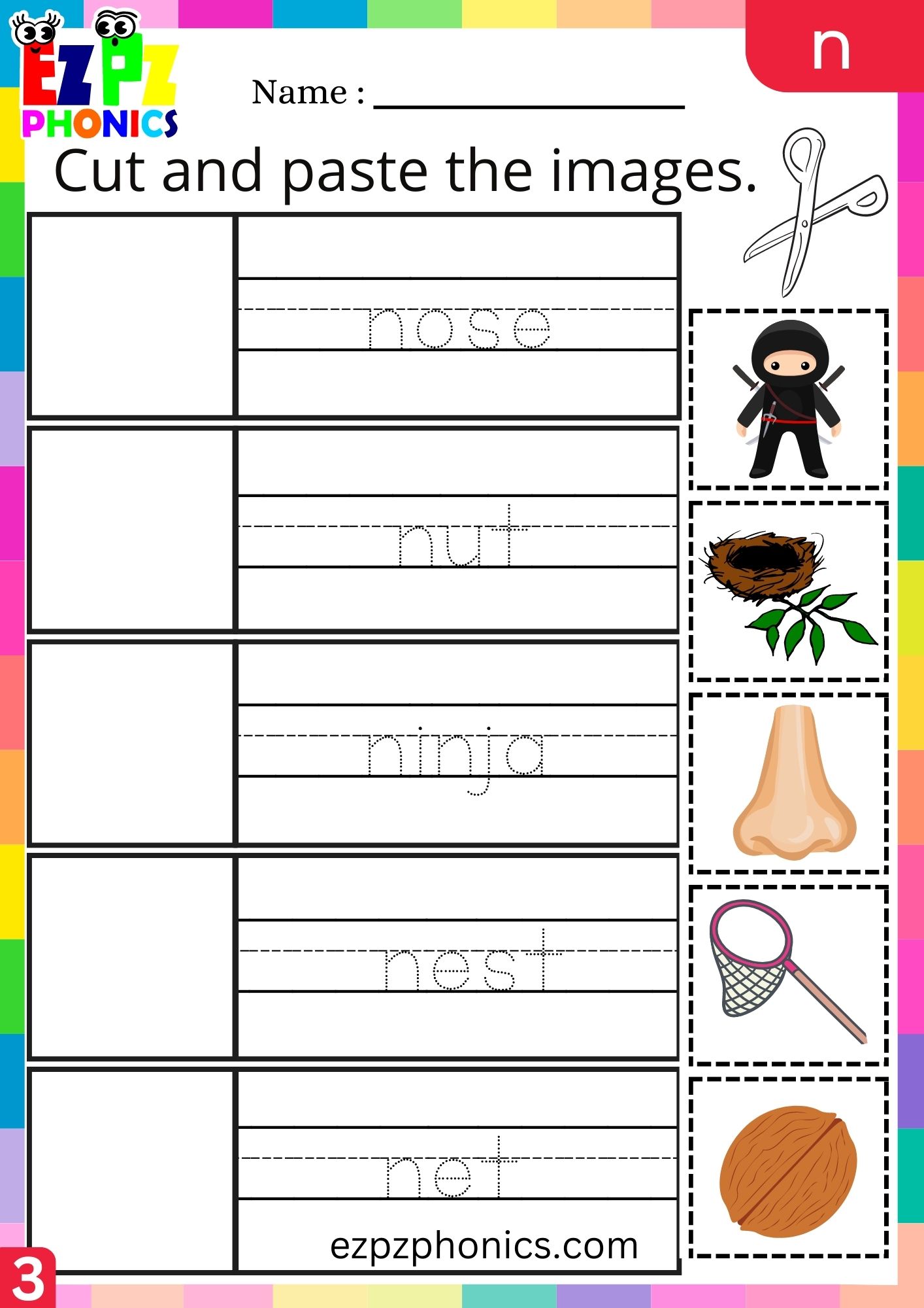 Letter n Cut and Paste the Images and Write the Words Group 3